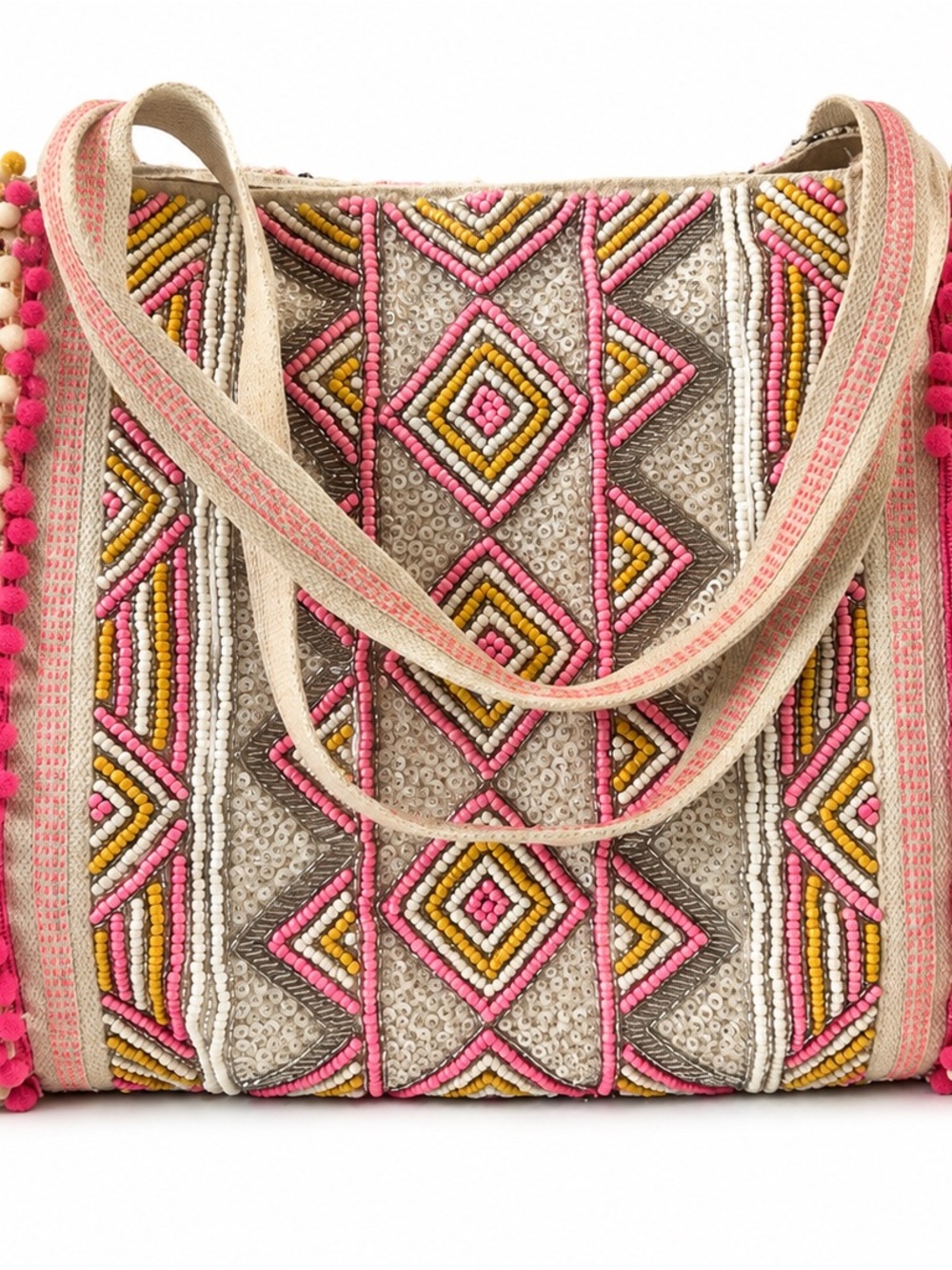 Handcrafted Pink & Yellow Beaded Tote Bag